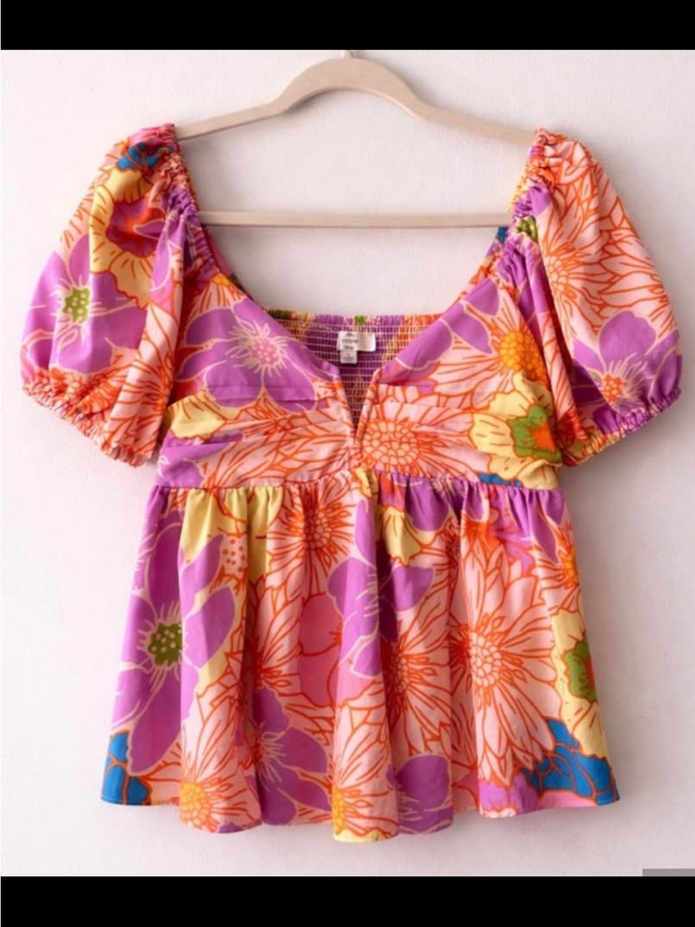 Women’s Floral Puff-Sleeve Peplum Top - Pink & Orange